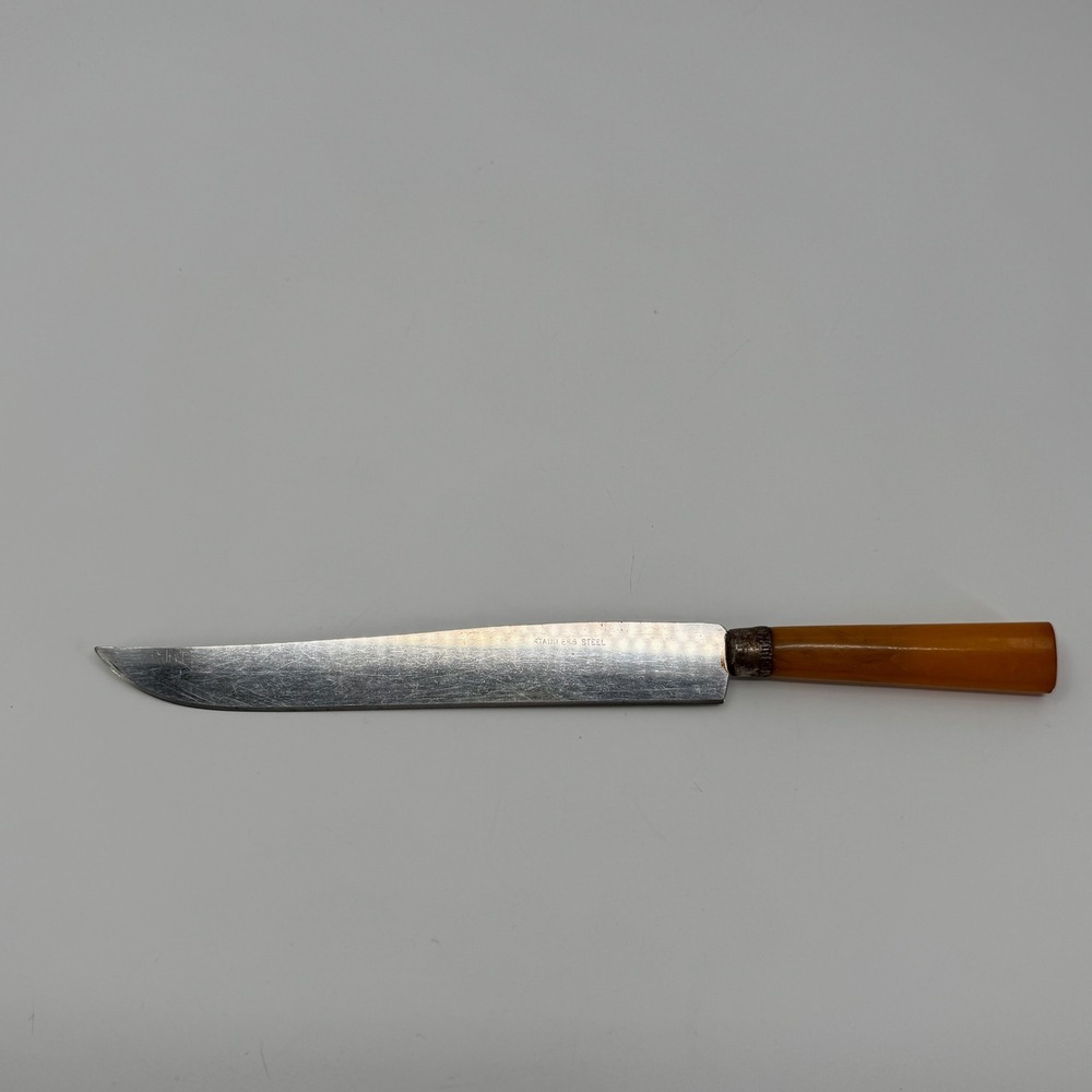 Vtg Stainless Steel Slicing Knife Amber Handle Carving Ham Roast Kitchen Utensil